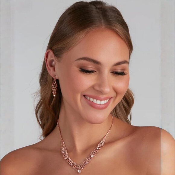 Windsor ✦ Public Affair Rhinestone Collar Necklace & Earrings Set ✦ Rose Gold - Picture 1 of 8